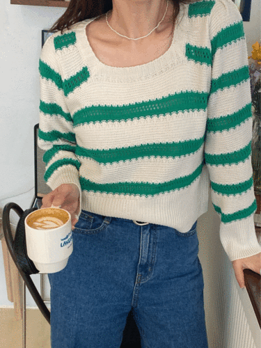 striped square short-sleeved knitwear 3col, 스트라이프 스퀘어 반팔니트