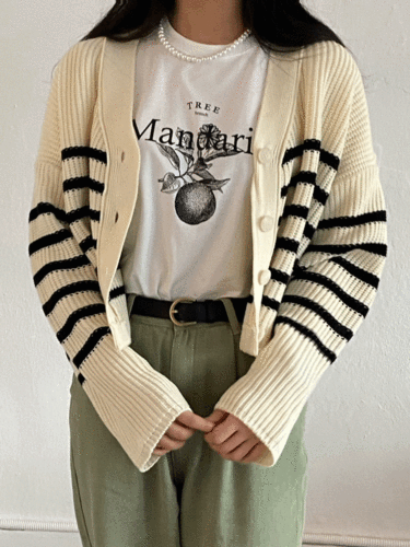 Vanilla stripe v-neck knit cardigan 3col, 스트라이프 브이넥 니트 가디건