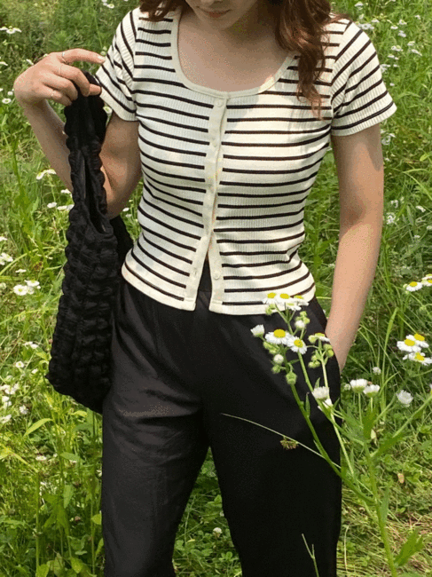 DALEN summer knit, 스트라이프 스퀘어넥 반팔 니트 블랙 블루
