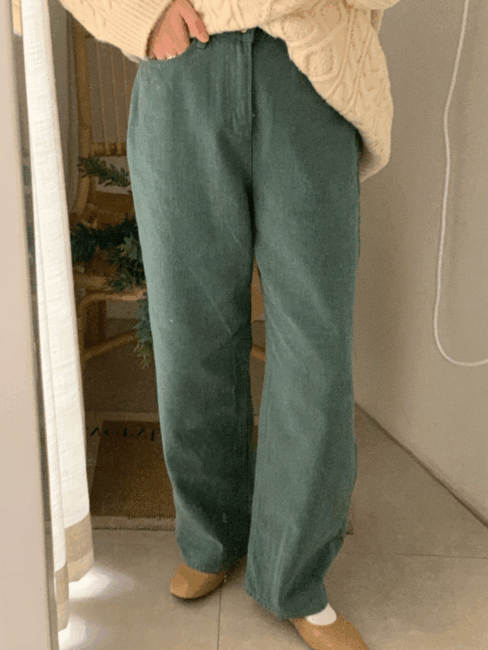 LEERG wide cotton pants, 세미와이드 롱 피치 기모 면바지 청록