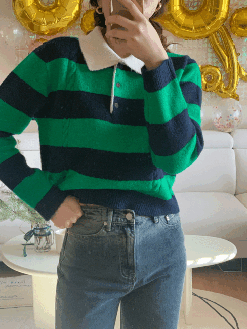 sweG stripe knit, 여성 스트라이프 배색 카라니트