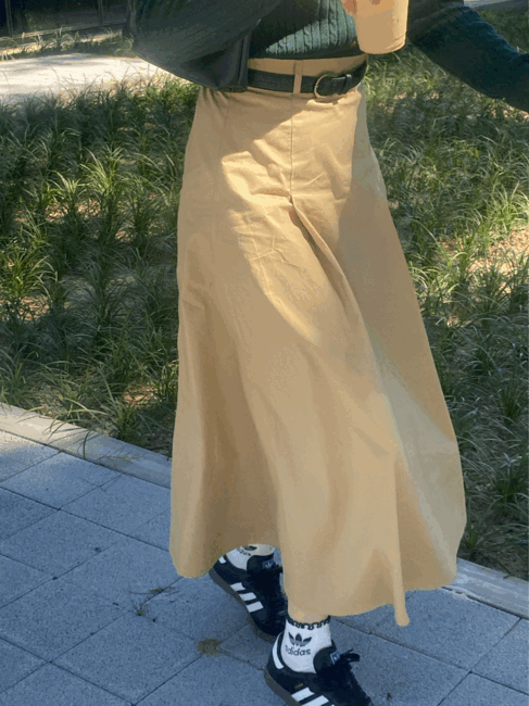 LayUp flared long skirt, 핀턱 플레어 롱스커트 그린 베이지