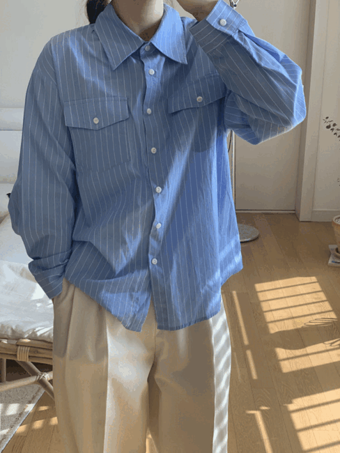 pocket stripe shirt, 포켓 스트라이프 루즈핏 셔츠 블라우스 2col