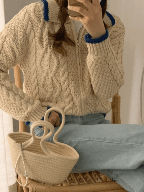 Oten twist knit, 꽈배기 카라 니트 집업 크림베이지