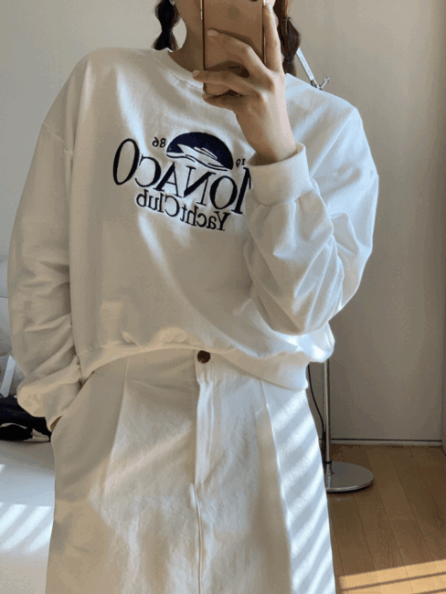 Monaco Crop sweatshirt, 크롭 자수 쭈리 오버핏 스웻셔츠 맨투맨 2col
