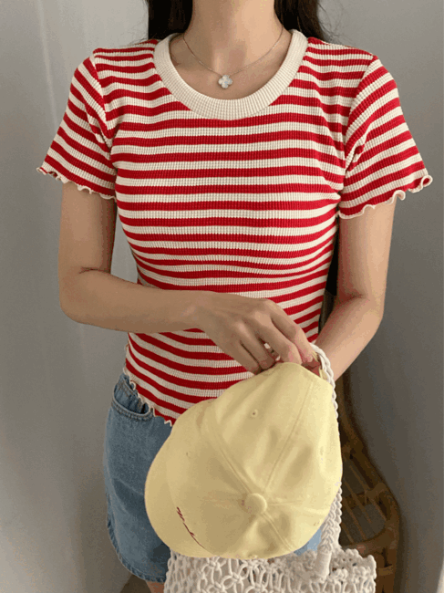 Acres stripe T-shirt, 스트라이프 라운드 반팔티 물결소매