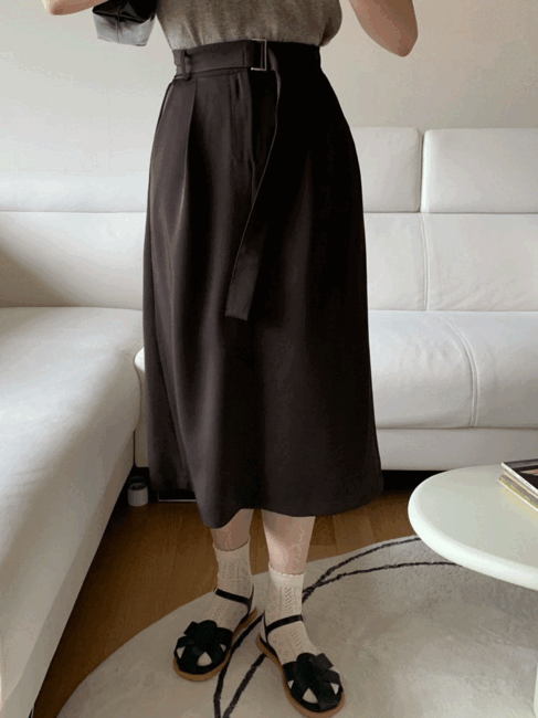 belt banding skirt, 벨트세트 밴딩 구김안가는 뒷트임 H라인 미디 스커트 2col